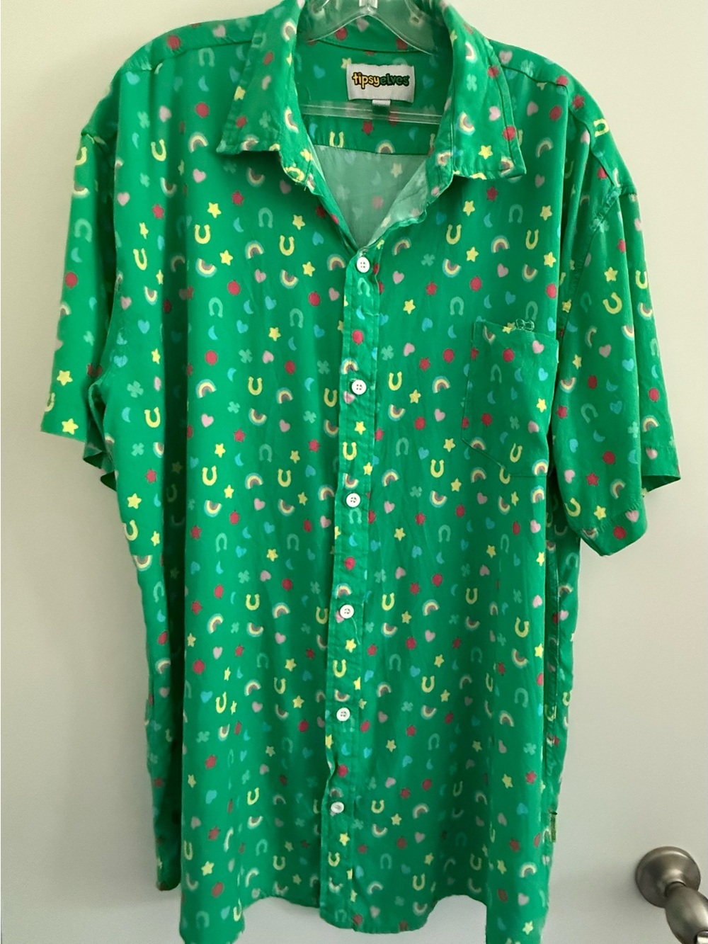 Tipsy Elves Green Short-Sleeve Button-Up Shirt with Multicolor Lucky Motifs